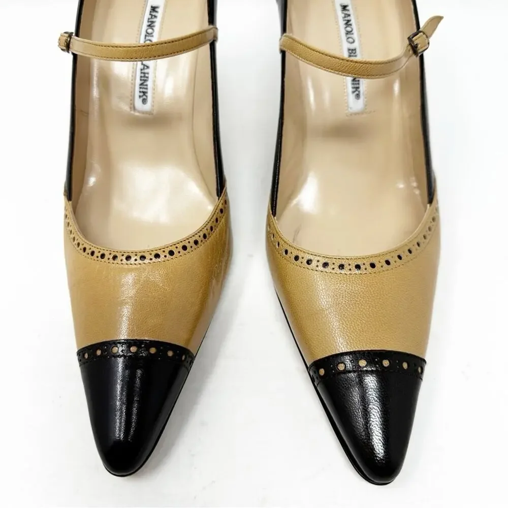 Manolo Blahnik Cap Toe Mary Jane Leather Heels Womens Size EU 39